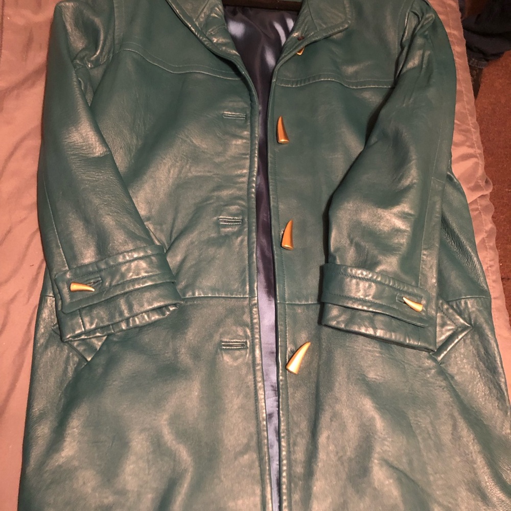 Jacqueline Ferrar Teal Green Leather Coat Size Large